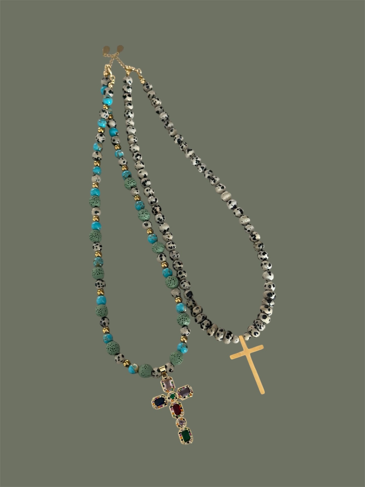 Dalmatian Jasp Cross Pendant Necklace