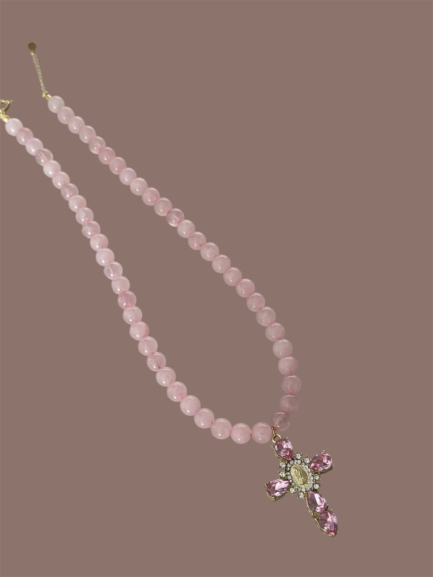 Pink Quartz Cross Pendant Necklace