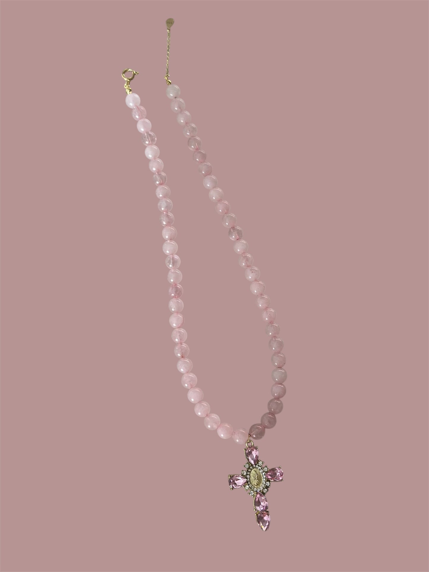 Pink Quartz Cross Pendant Necklace