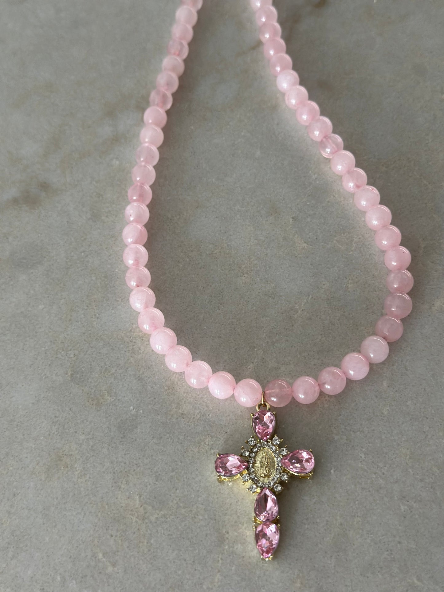 Pink Quartz Cross Pendant Necklace