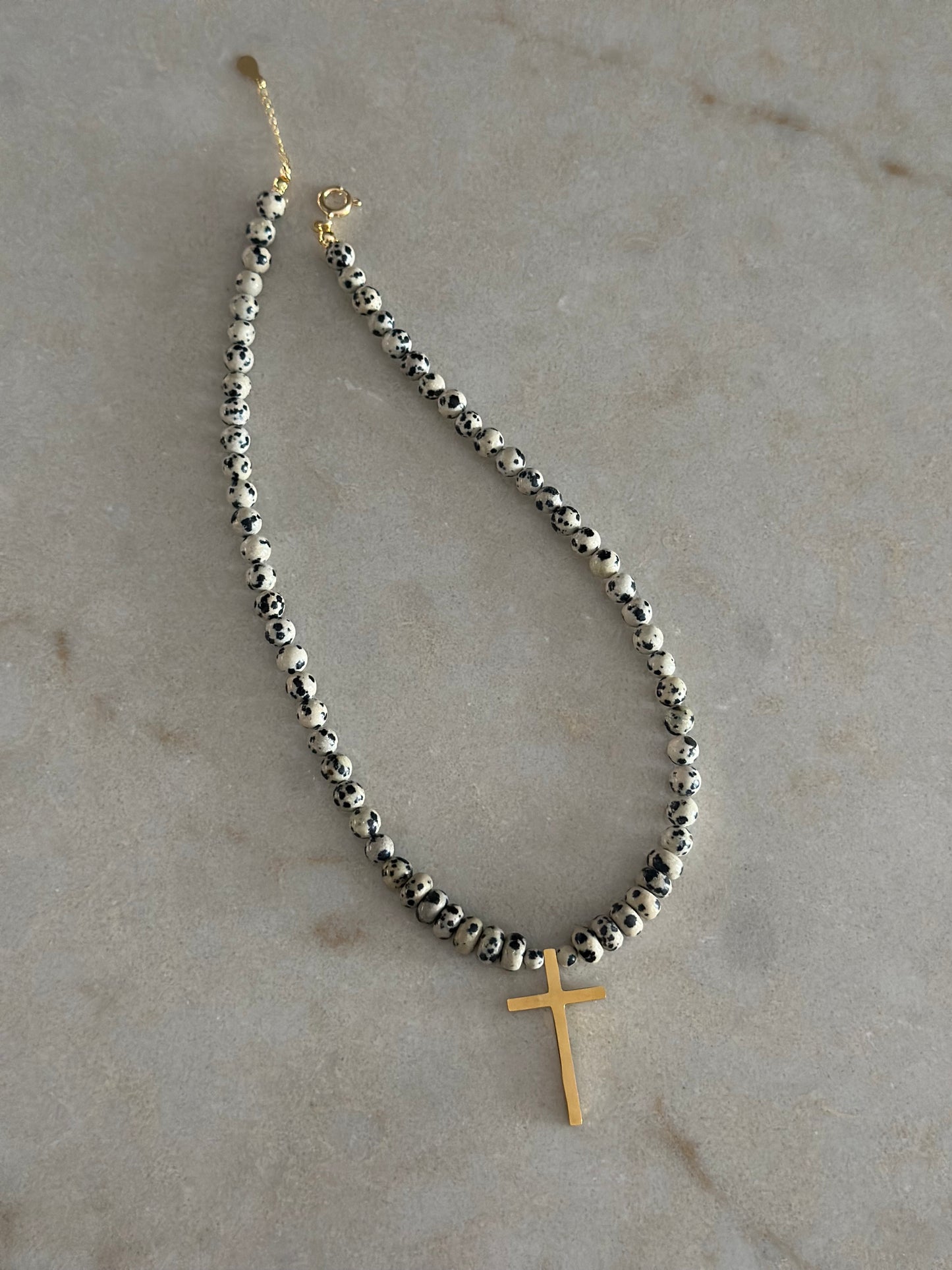 Dalmatian Jasp Cross Pendant Necklace