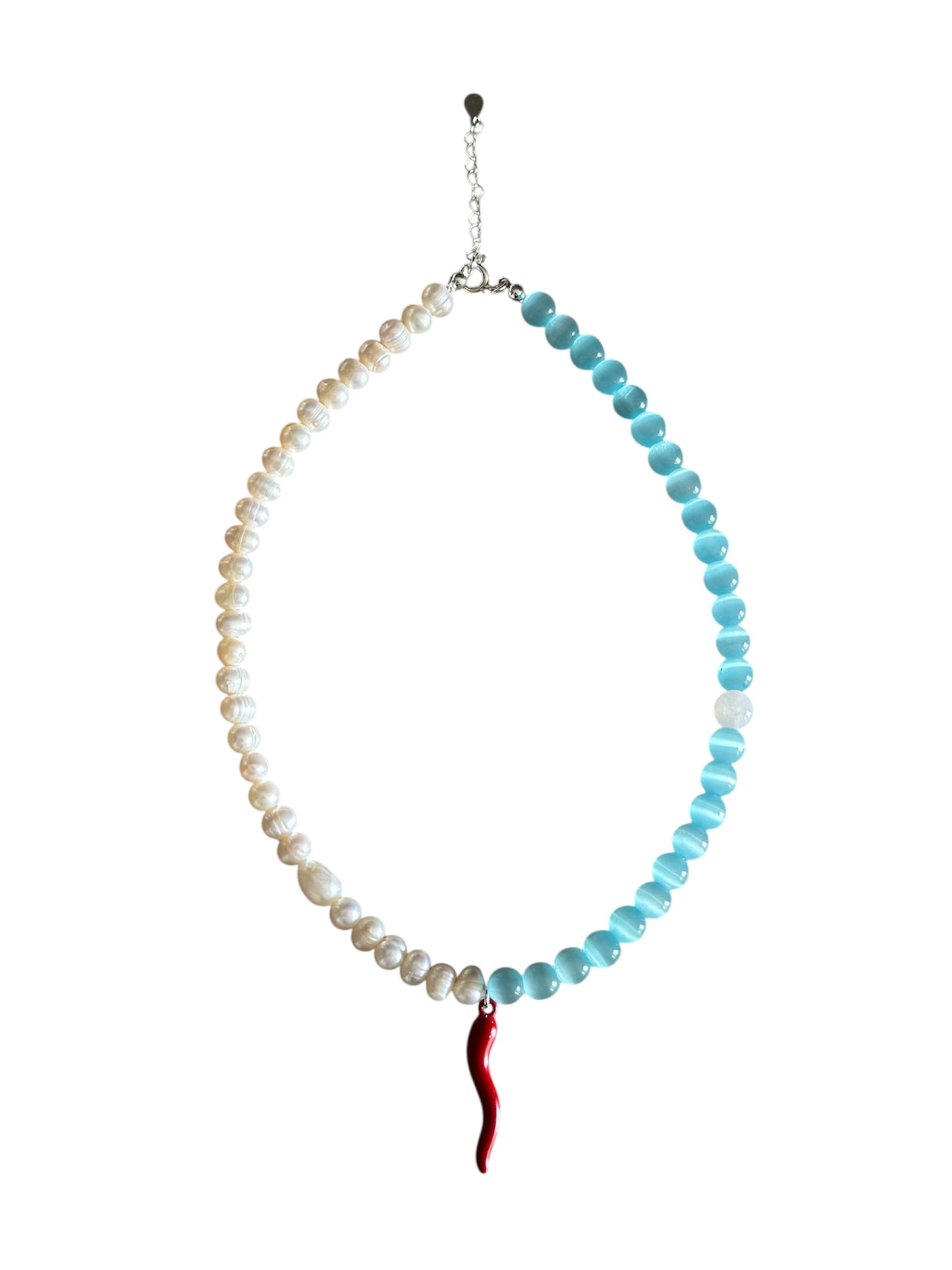 Blue Cat Eye Chilli Charm Pearl Necklace