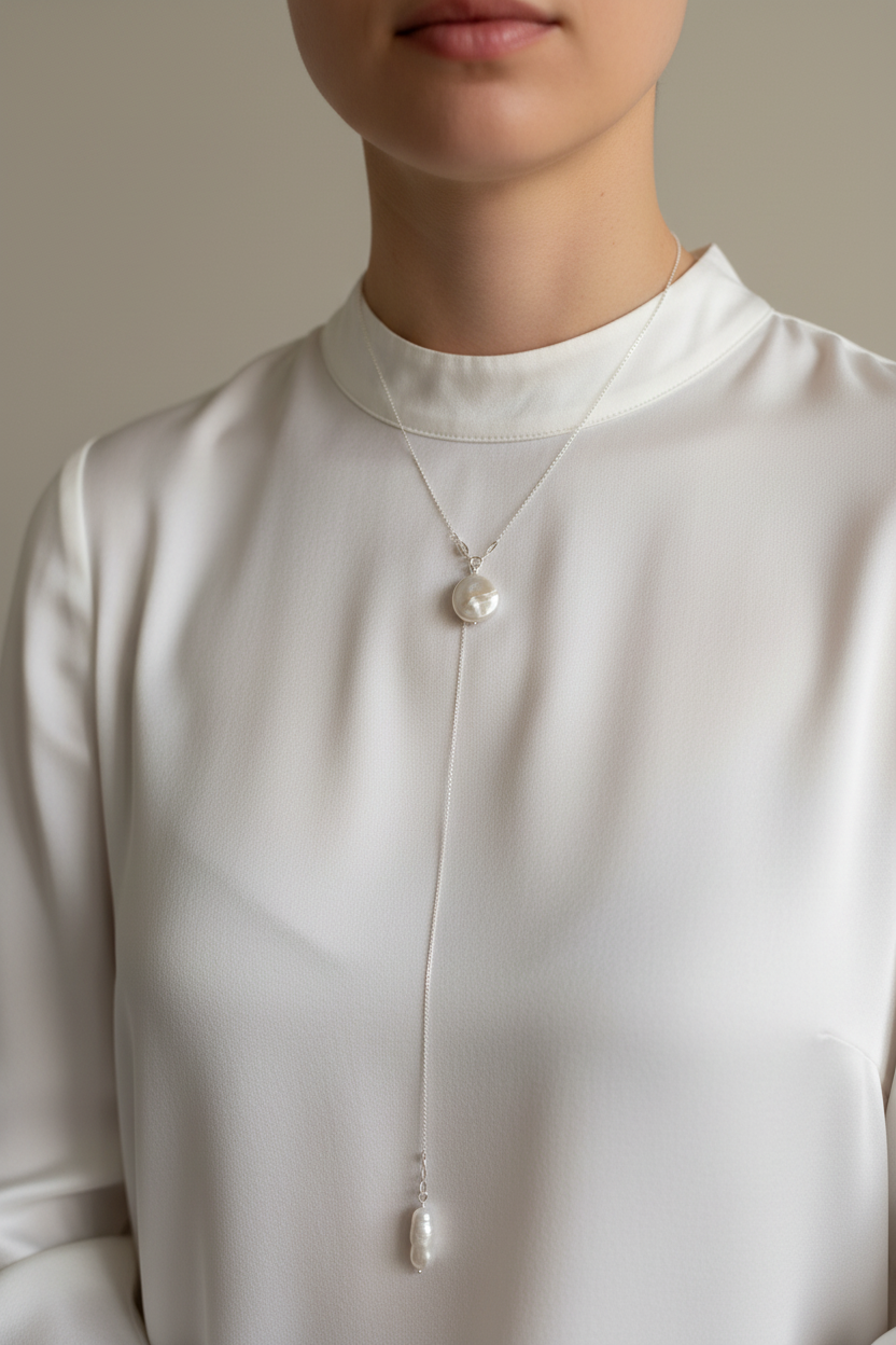 Pearl Lariat Necklace on Model