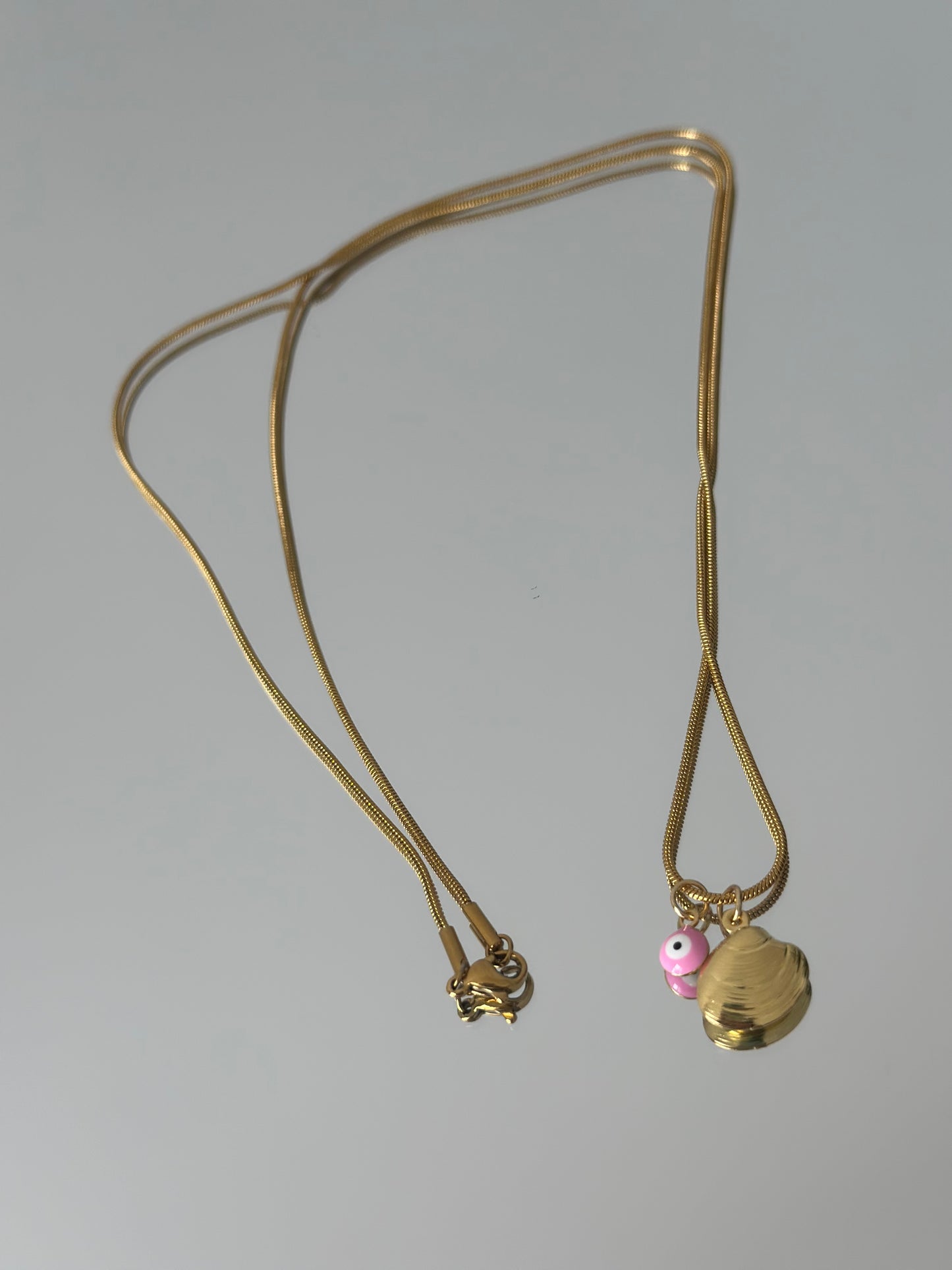 Gold Shell and Pink evil Eye Charm Chain