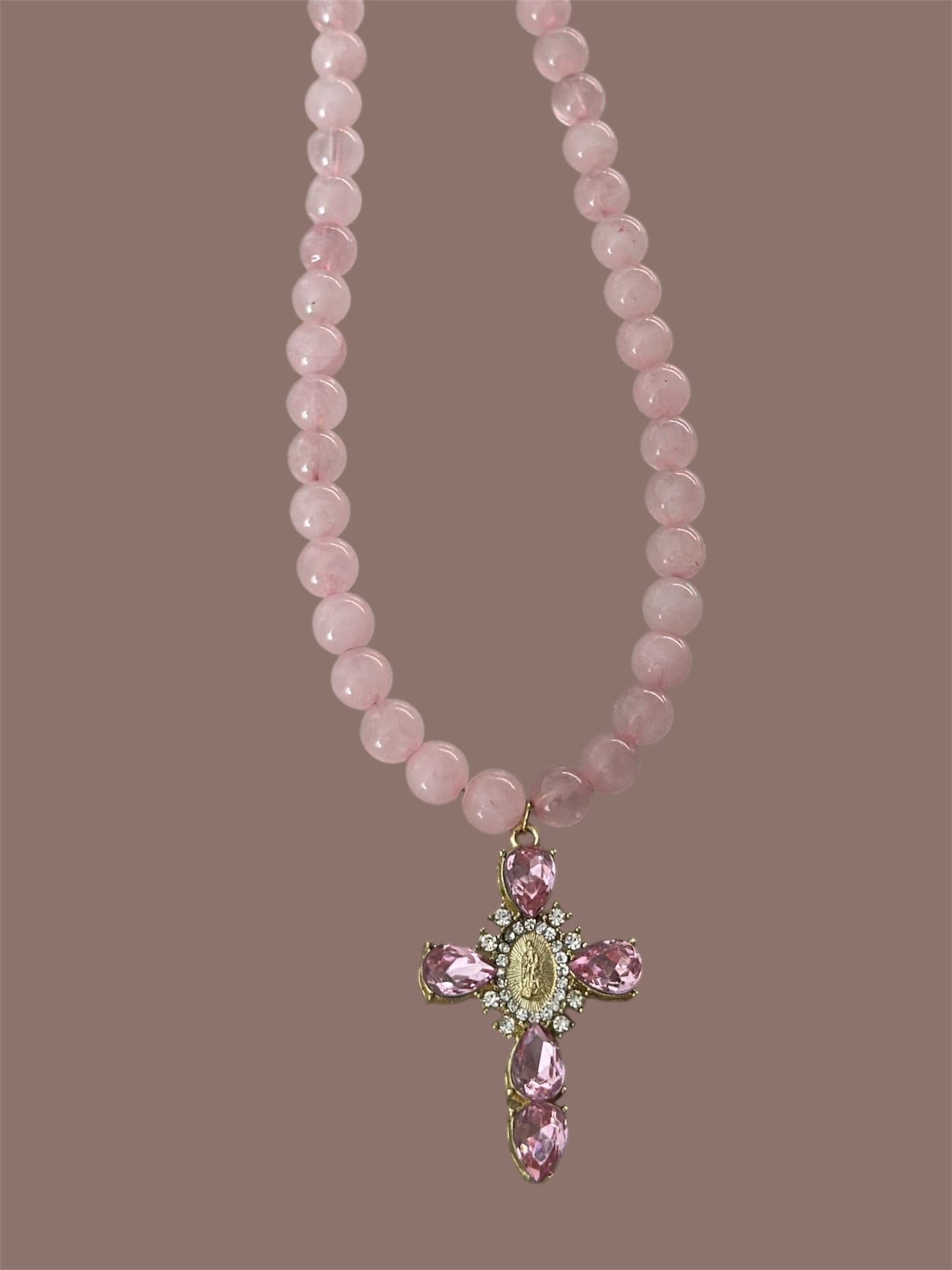 Pink Quartz Cross Pendant Necklace