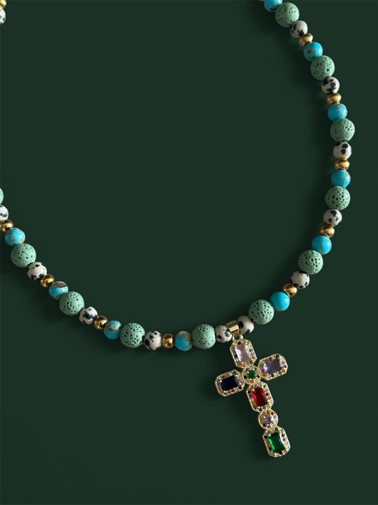 Multicolor Gemstone Cross Pendant Necklace