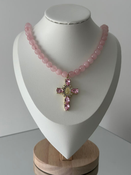 Pink Quartz Cross Pendant Necklace