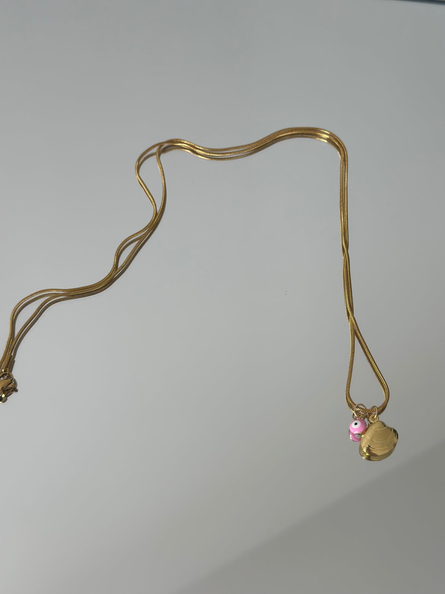 Gold Shell and Pink evil Eye Charm Chain