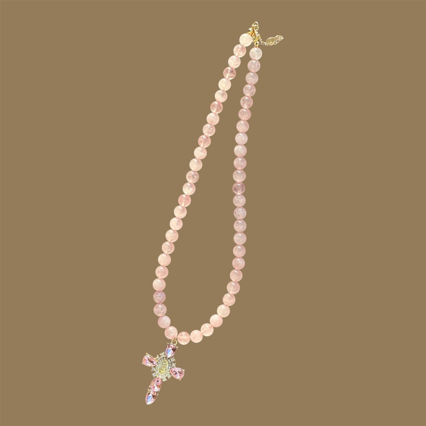 Pink Quartz Cross Pendant Necklace