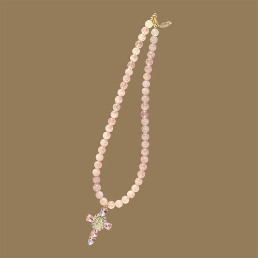 Pink Quartz Cross Pendant Necklace