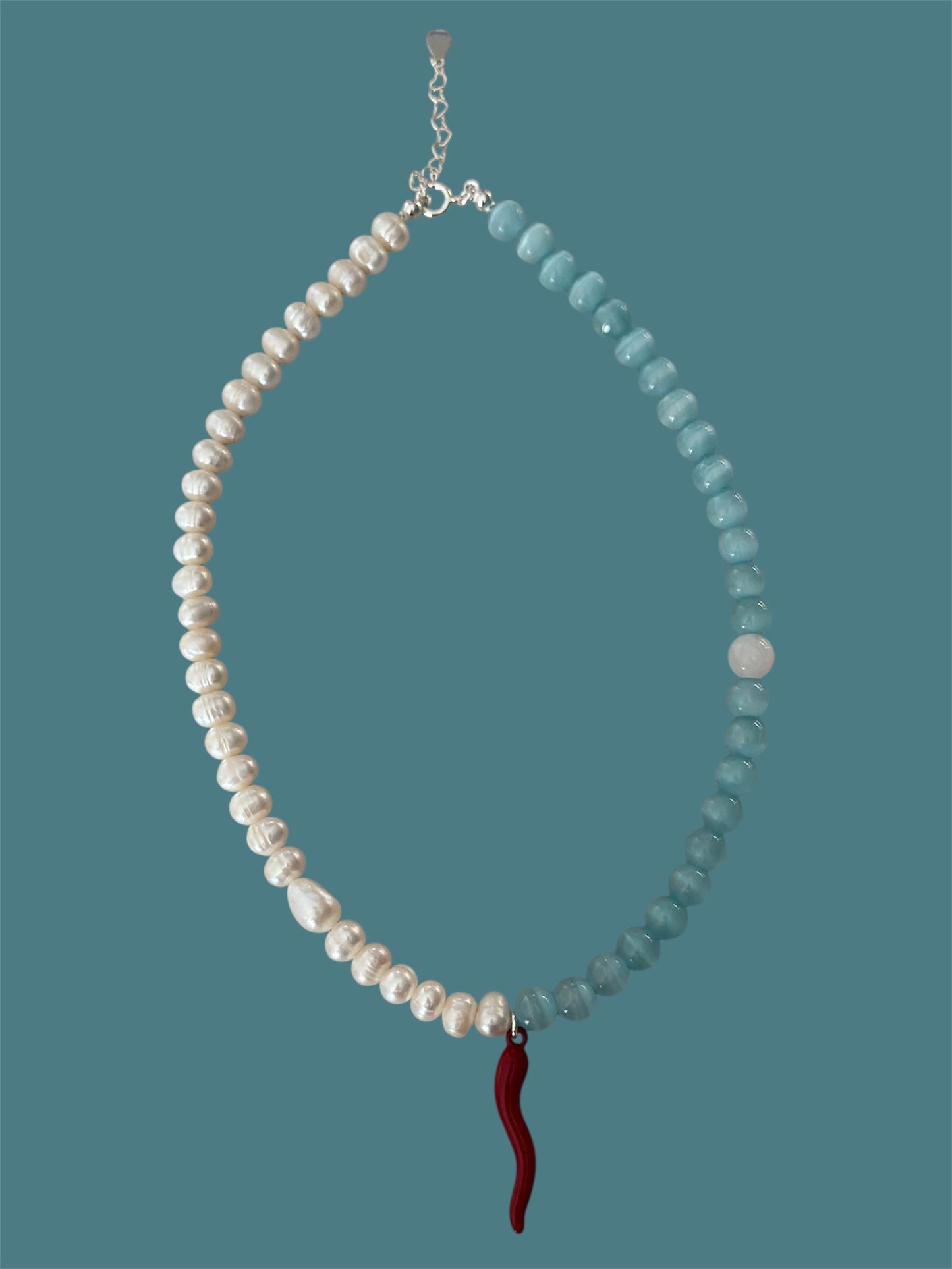 Blue Cat Eye Chilli Charm Pearl Necklace