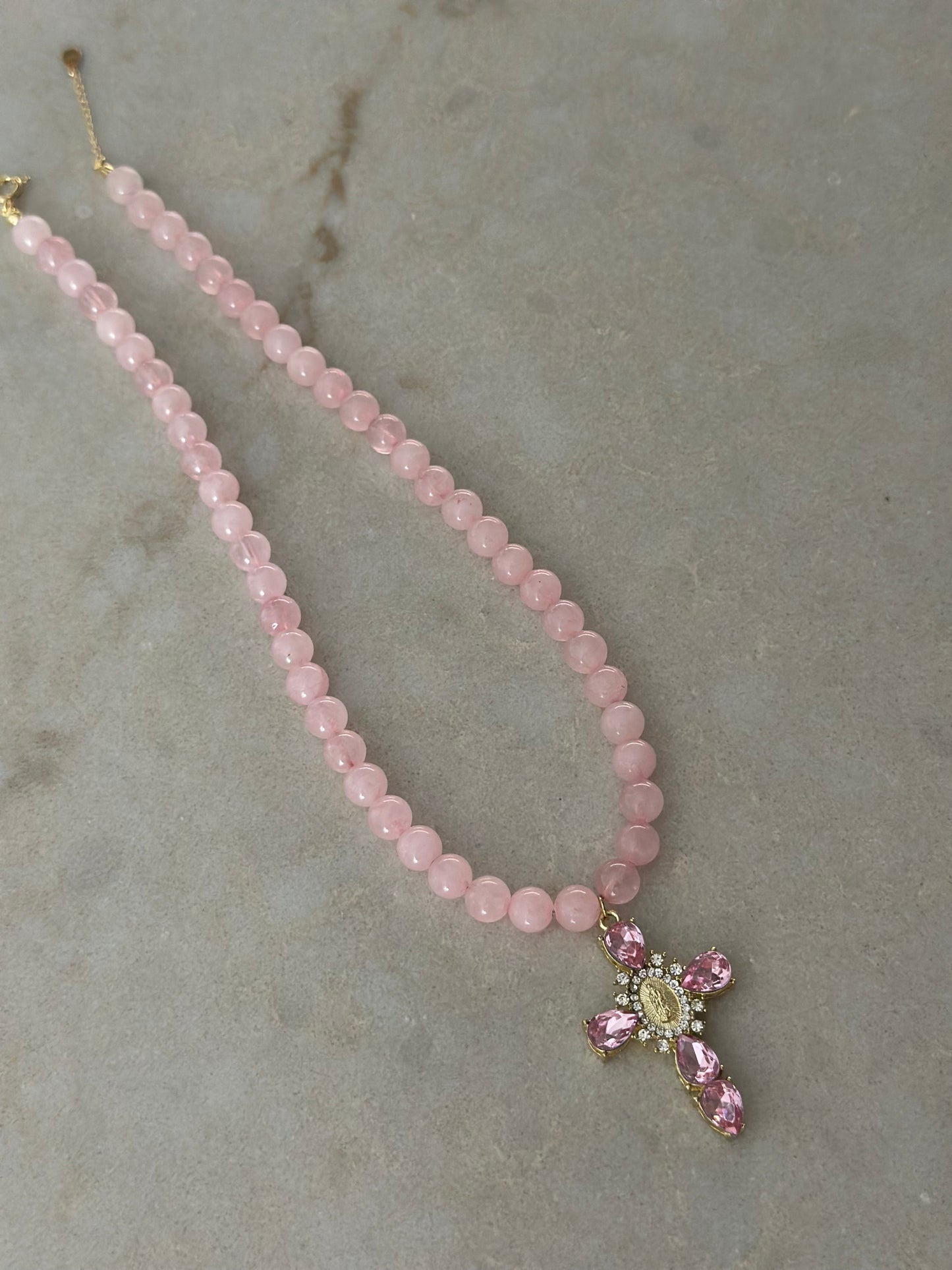 Pink Quartz Cross Pendant Necklace