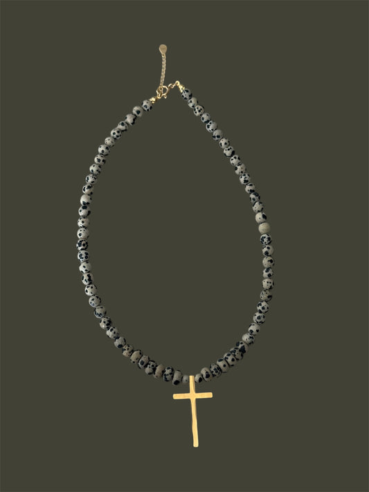 Dalmatian Jasp Cross Pendant Necklace