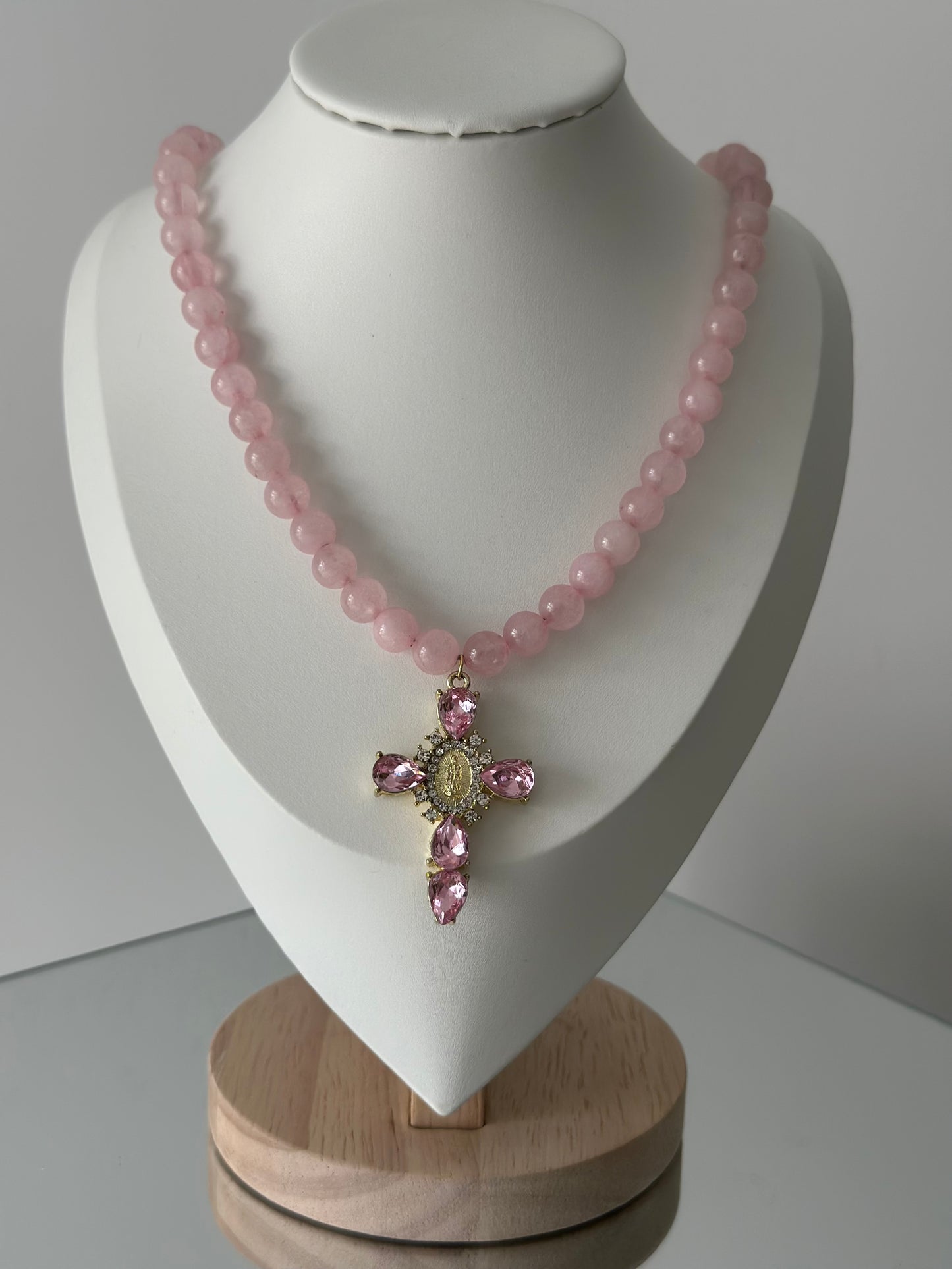 Pink Quartz Cross Pendant Necklace