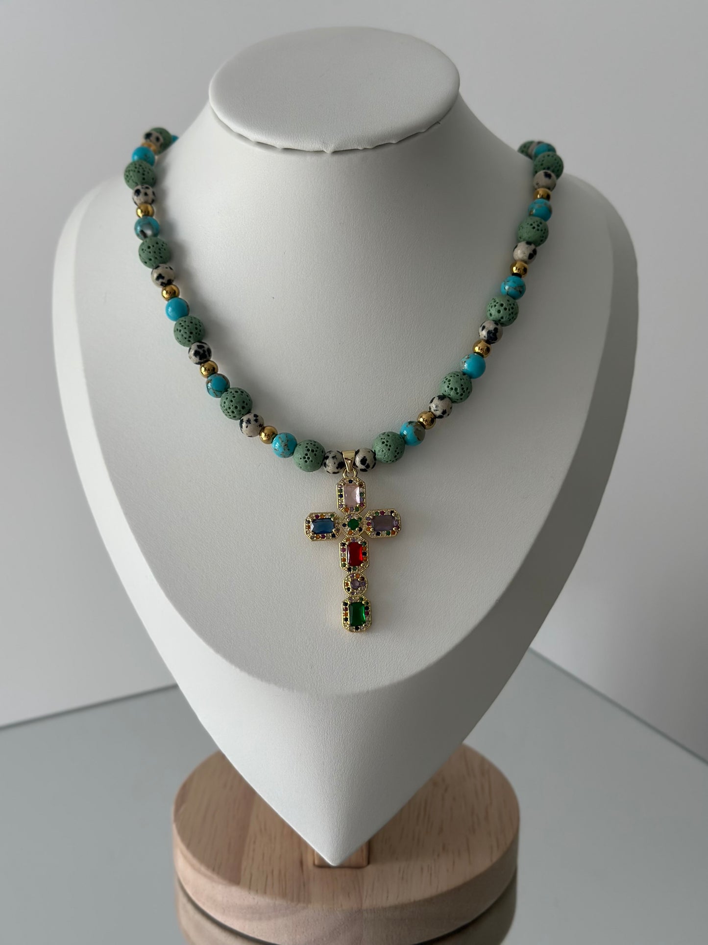 Multicolor Gemstone Cross Pendant Necklace
