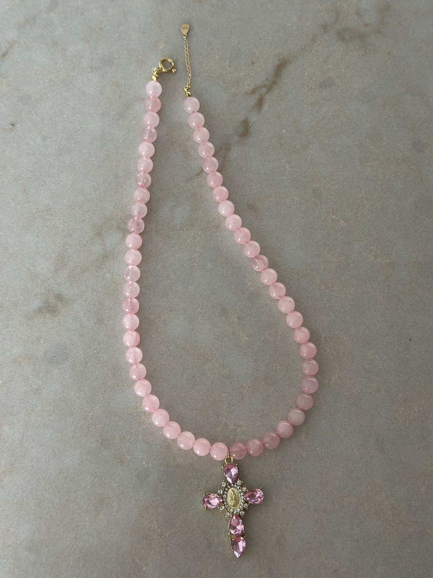 Pink Quartz Cross Pendant Necklace