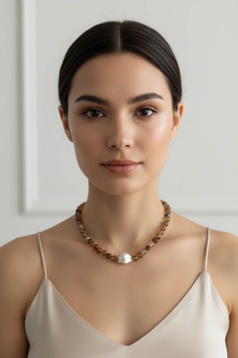 Agate & Baroque Pearl Necklace on Model