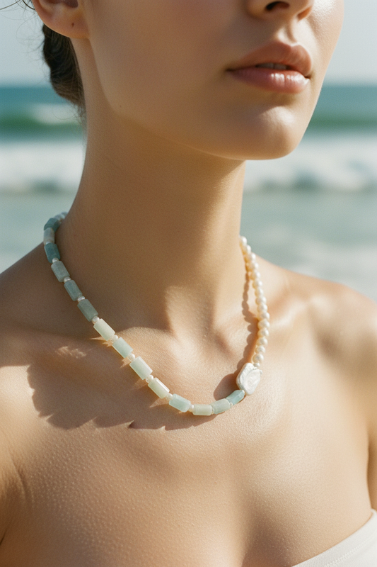Aquamarine & Pearl Necklace – Ethereal Beach Editorial