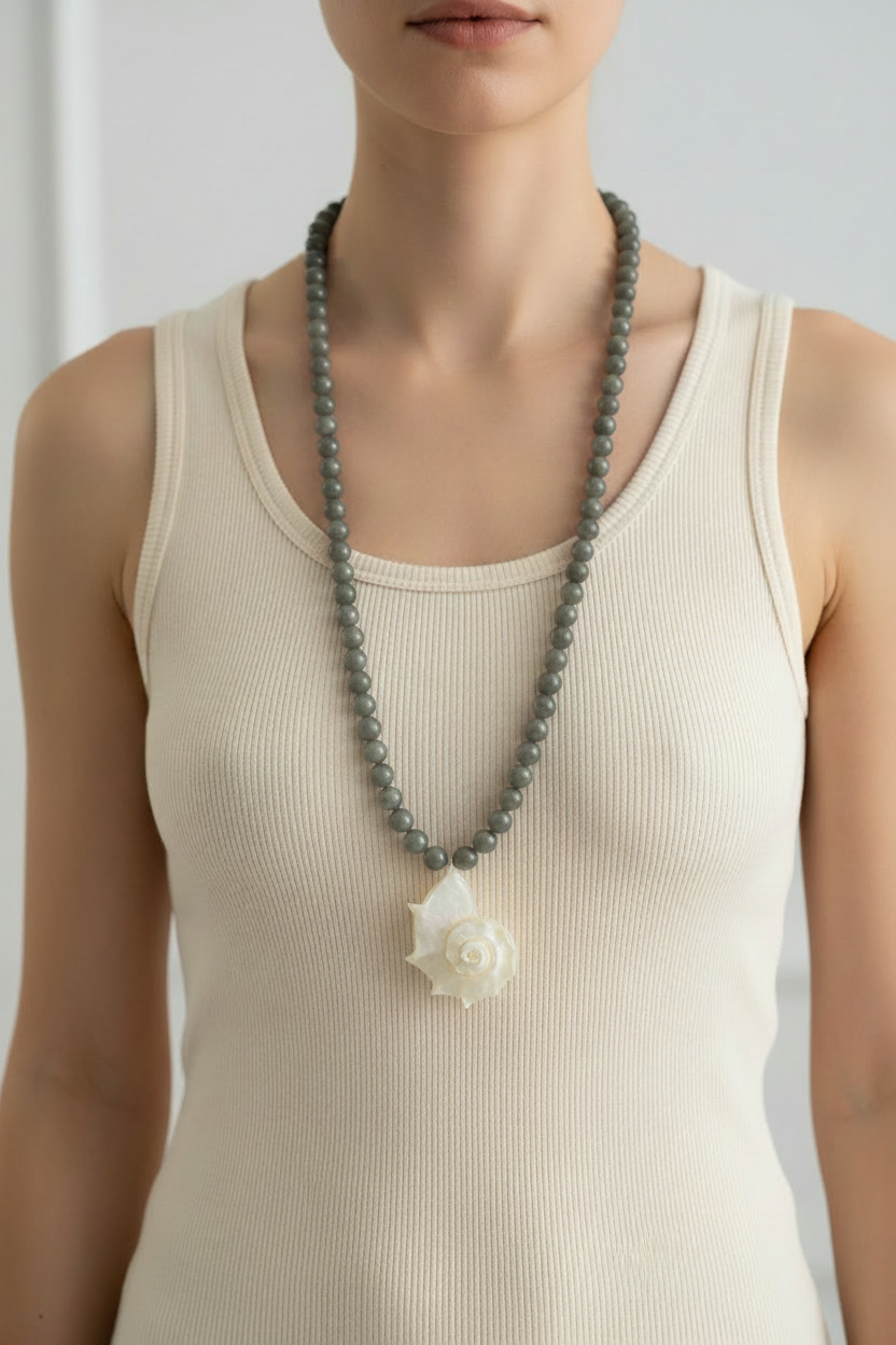 Burmese Jade Necklace with Rose Pendant - On Model
