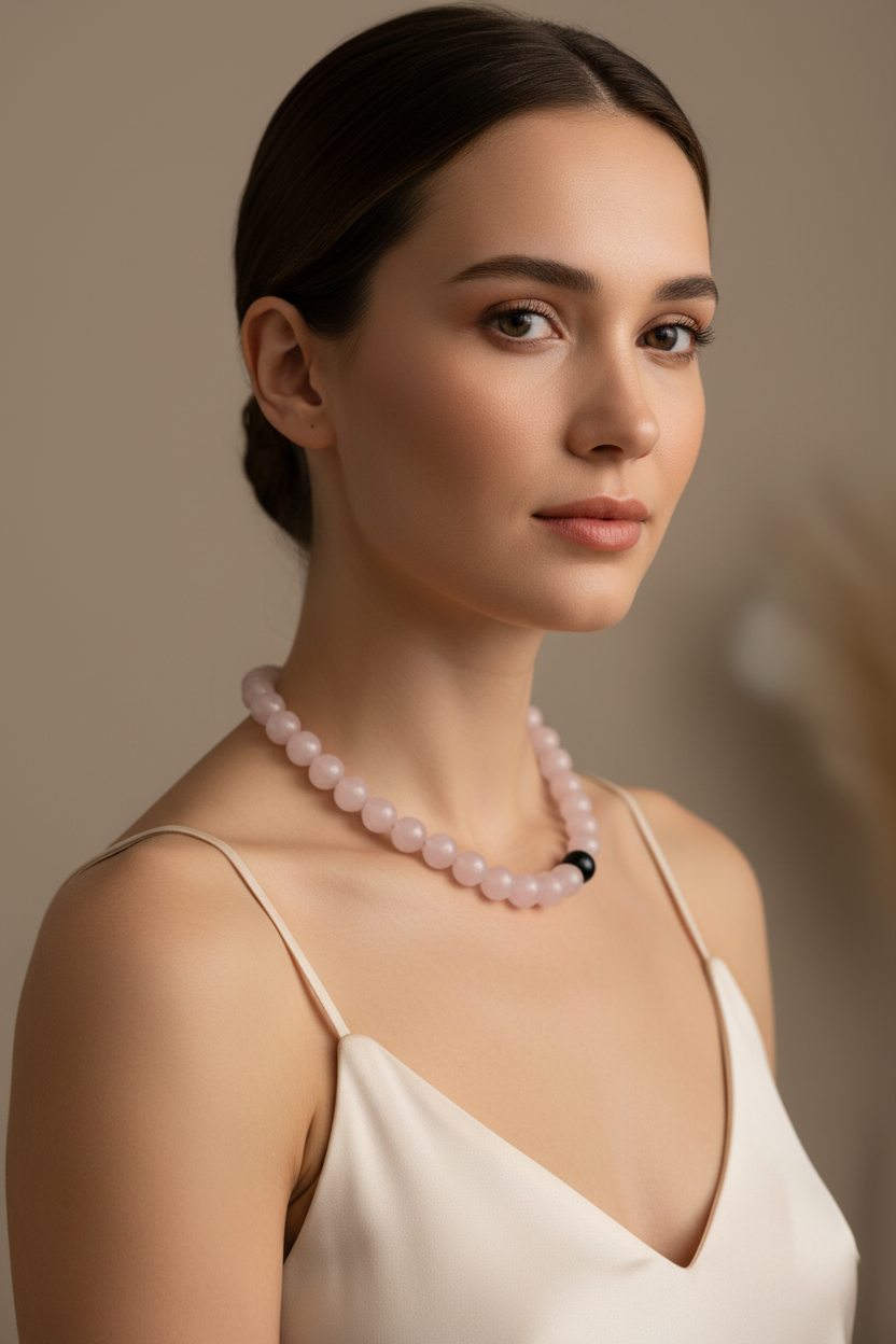 Colier cuarț roz cu onix negru pe model