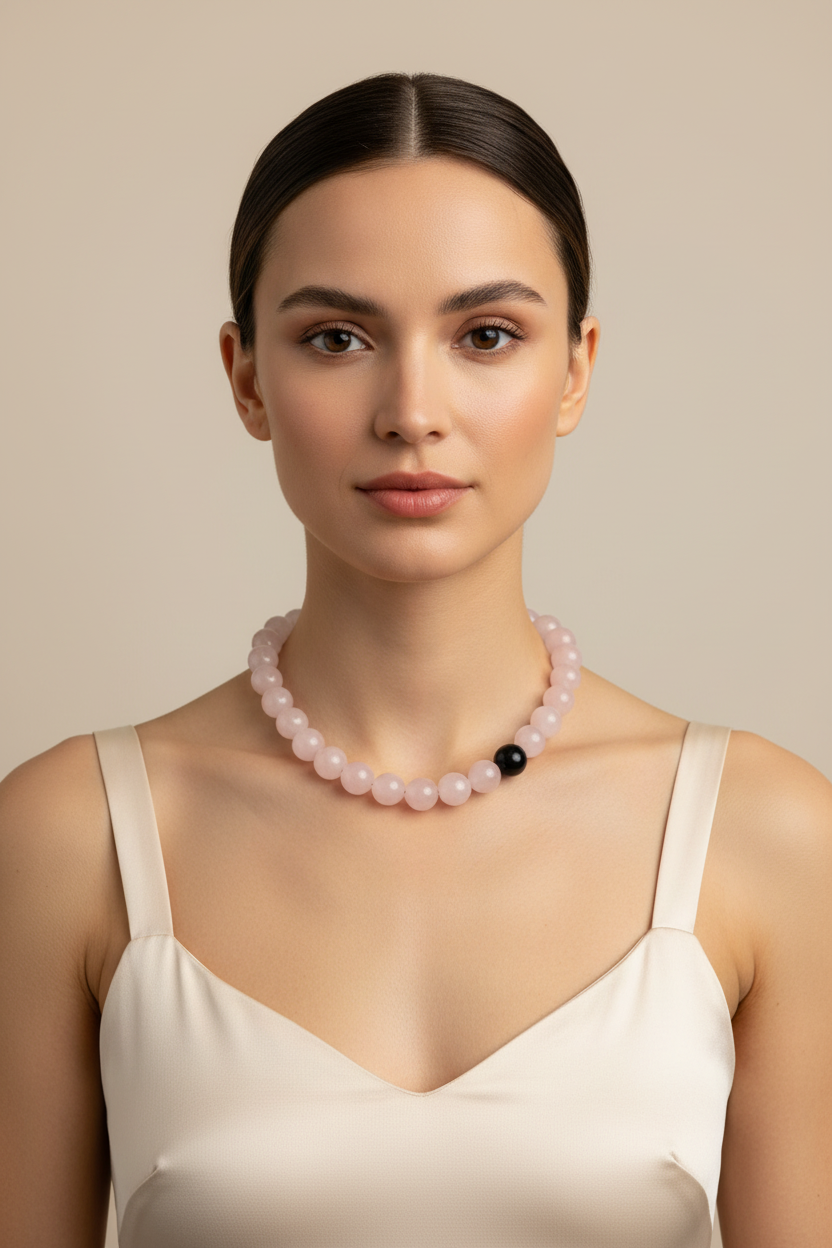 Colier cuarț roz pietre mari 12mm - față