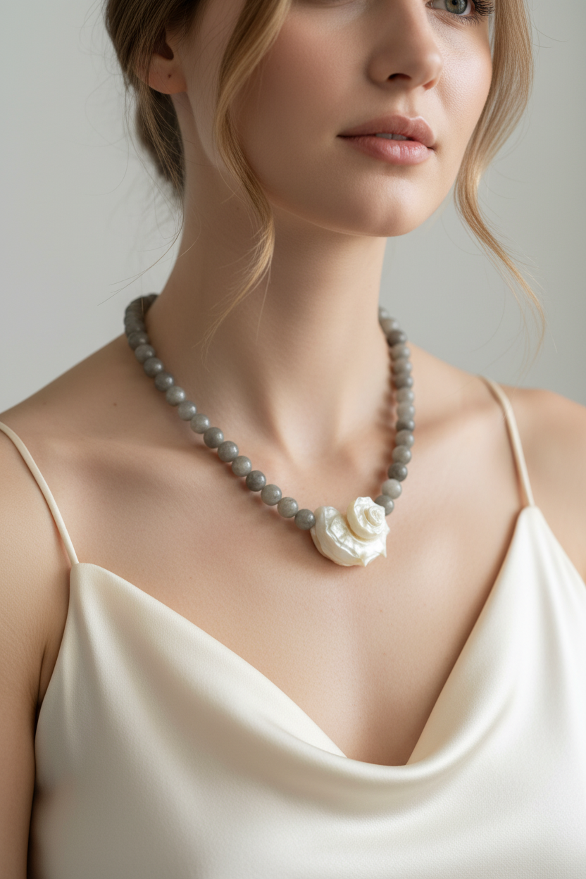 Grey Beaded Rose Pearl Necklace on Model