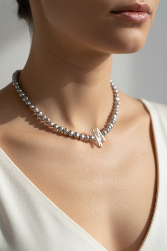 Grey Keshi Pearl Necklace on Model