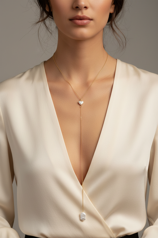 Lanț lariat auriu - drop lung pe model