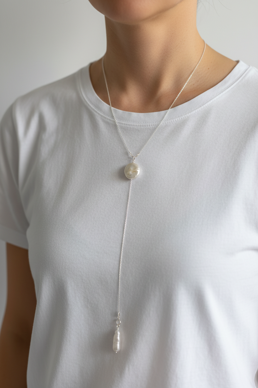 Pearl Lariat Necklace on Model with White Cotton T-shirt