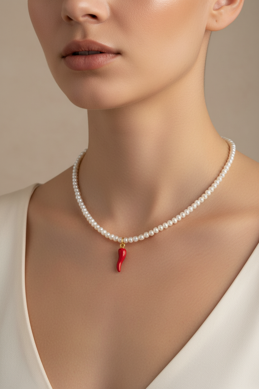 Pearl Necklace with Red Chili Charm on Model