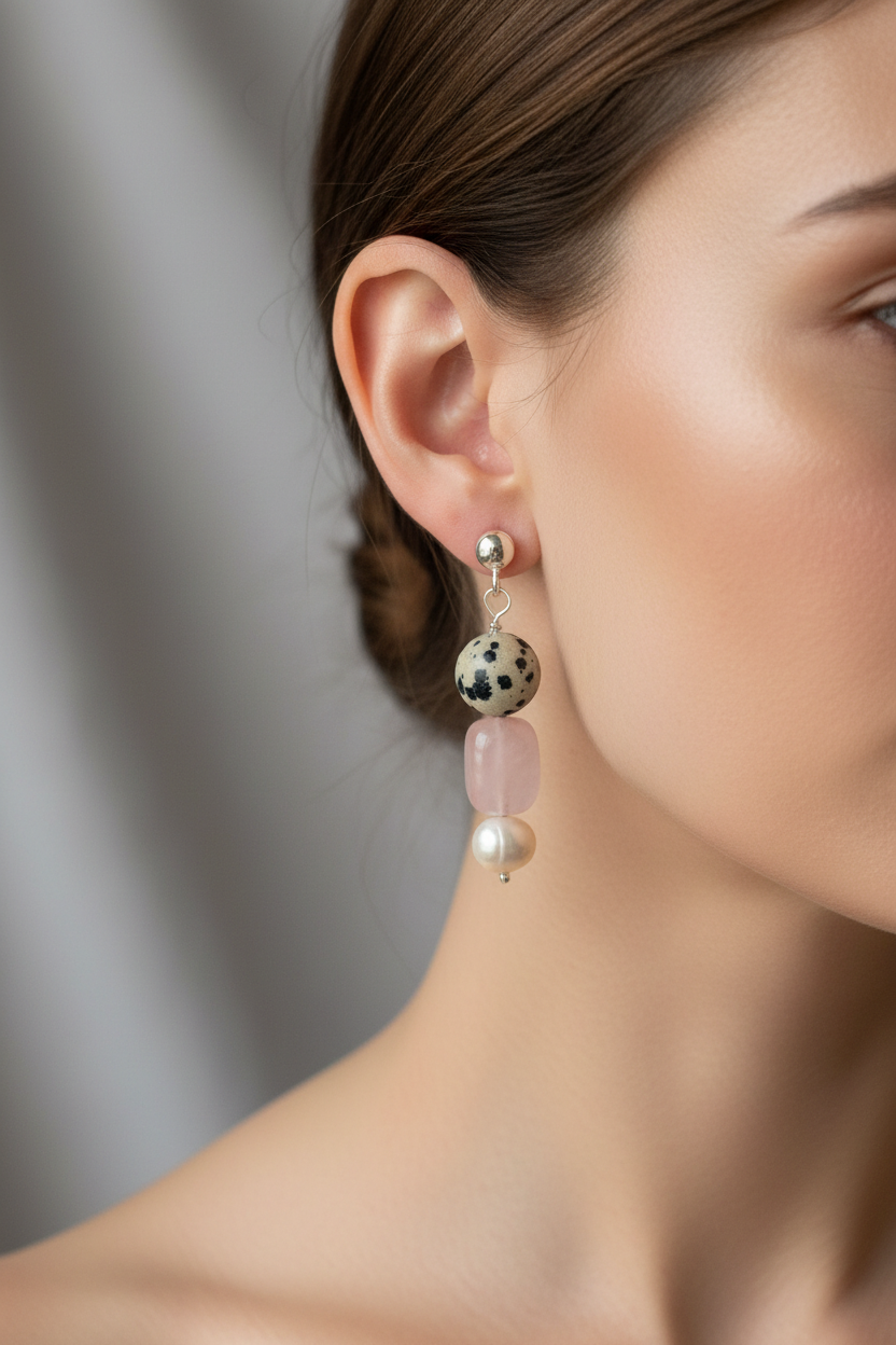 Pink Earrings with Rounded Silver Stud on Model